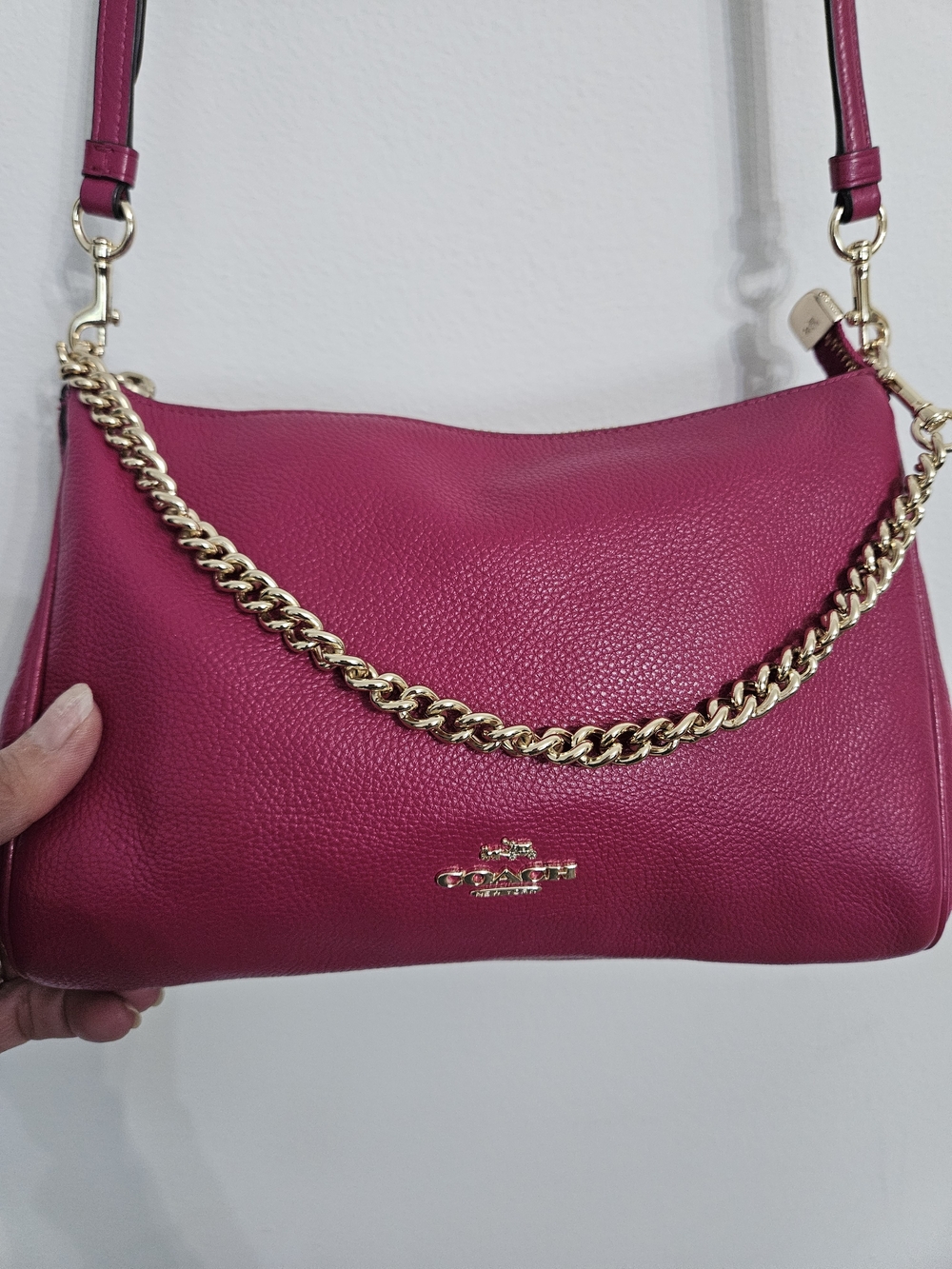 Coach Pebbled Leather Shoulder Bag in Fuchsia with Gold Chain